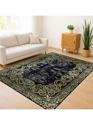 Siyah Zeminli Altın Detaylı Klasik Salon Halısı Toz Tutmaz Kaymaz Tabanlı Asil Görünüm - SD-786