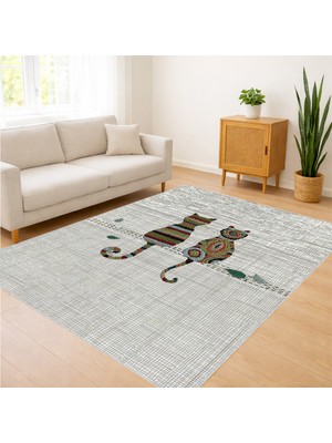 Krem Zeminli Figürlü Modern Salon Halısı Yıkanabilir Toz Tutmaz Kaymaz Tabanlı - SM-286