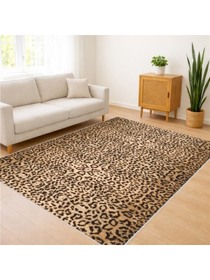 Leopar Desenli Kahverengi Tonlarda Salon Halısı Antialerjik Kaymaz Tabanlı Cesur Dekorasyon - SM-546