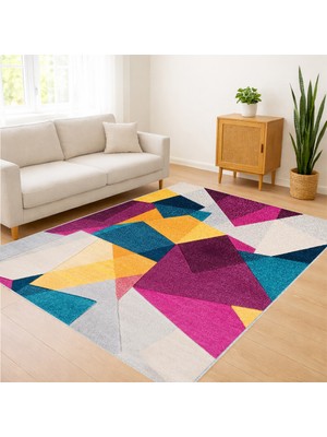 Çok Renkli Geometrik Modern Salon Halısı Yıkanabilir Antialerjik Kaymaz Tabanlı Dinamik Stil - SD-736
