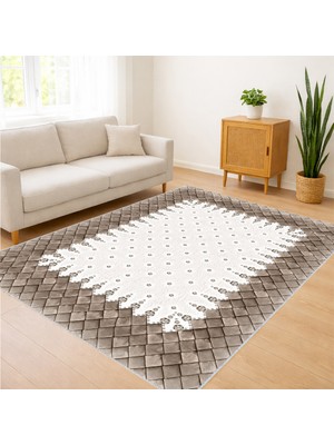 Beyaz Zeminli Kabartma Görünümlü Salon Halısı Antialerjik Kaymaz Tabanlı Sade Şıklık - SM-569