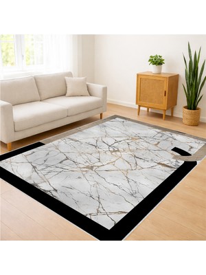 Beyaz ve Siyah Mermer Desenli Salon Halısı Toz Tutmaz Kaymaz Tabanlı Modern Dekorasyon - FNL-371