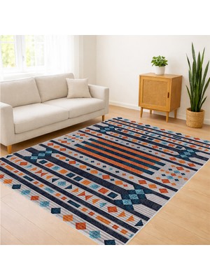 Mavi ve Turuncu Çizgili Etnik Desenli Salon Halısı Yıkanabilir Antialerjik Kaymaz Tabanlı - SD-1115