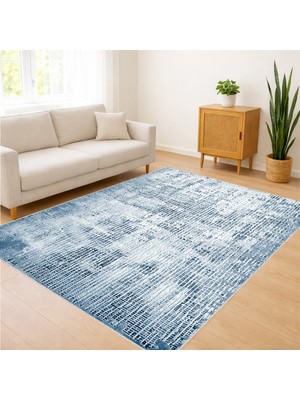 Mavi Tonlarda Eskitme Dokulu Salon Halısı Yıkanabilir Kaymaz Tabanlı Ferah Görünüm - SM-472