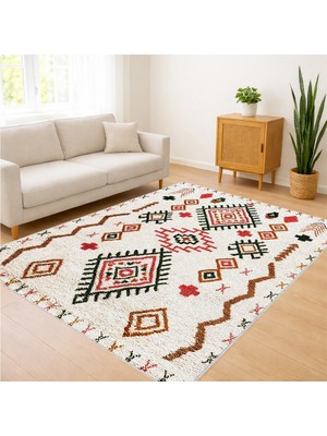 Krem Zeminli Renkli Geometrik Desenli Salon Halısı Yıkanabilir Antialerjik Kaymaz Tabanlı - SD-954