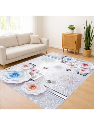 Beyaz Zeminli Mavi Çiçek Desenli Salon Halısı Yıkanabilir Toz Tutmaz Kaymaz Tabanlı - SM-253