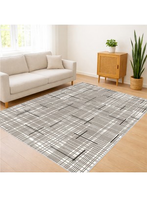 Gri Zeminli Ince Çizgili Modern Salon Halısı Toz Tutmaz Kaymaz Tabanlı Sade Dekorasyon - FNL-304