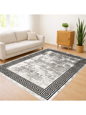 Gri Zeminli Siyah Çerçeveli Eskitme Desenli Salon Halısı Yıkanabilir Kaymaz Tabanlı Toz ve Leke Tutmaz Modern Kullanım Için - SM-648