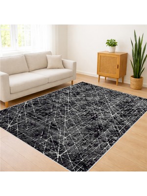 Siyah Zeminli Soyut Desenli Salon Halısı Toz Tutmaz Kaymaz Tabanlı Güçlü ve Modern Görünüm - FNL-461