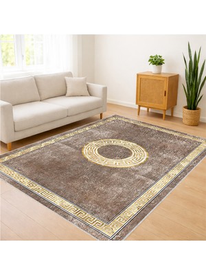 Bej ve Kahverengi Tonlarda Merkezi Motifli Salon Halısı Yıkanabilir Toz Tutmaz Kaymaz Tabanlı - SD-1190