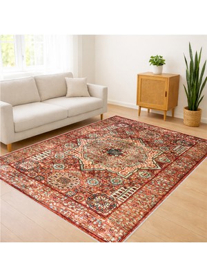 Kırmızı Tonlarda Klasik Desenli Salon Halısı Antialerjik Kaymaz Tabanlı Geleneksel Görünüm - SM-318
