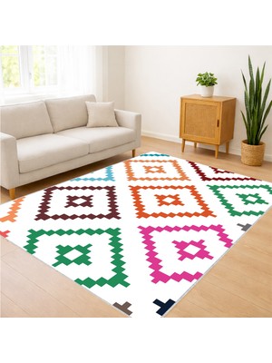Renkli Etnik Motifli Modern Salon Halısı Yıkanabilir Toz Tutmaz Kaymaz Tabanlı - SM-148