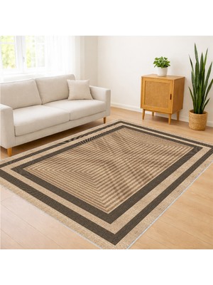 Bej ve Kahverengi Çerçeveli Klasik Salon Halısı Antialerjik Kaymaz Tabanlı Sıcak Dekorasyon - FNL-339