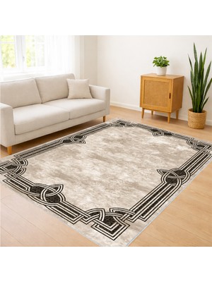 Bej ve Siyah Tonlarda Klasik Çerçeveli Salon Halısı Antialerjik Kaymaz Tabanlı - SM-584