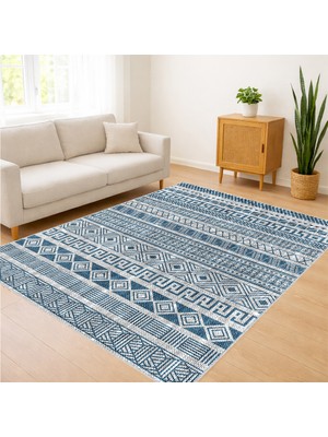 Mavi Tonlarda Etnik Desenli Salon Halısı Yıkanabilir Toz Tutmaz Kaymaz Tabanlı Ferah Dekorasyon - SM-156