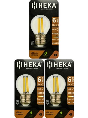 (3 Adet) Heka 6W (51W) 6500K (Beyaz Işık) E27 Duylu Şeffaf LED Ampul