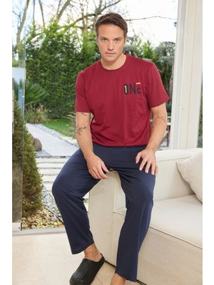 Pijamoni Bisiklet Yaka Kısa Kollu Erkek Bordo Pijama Takımı