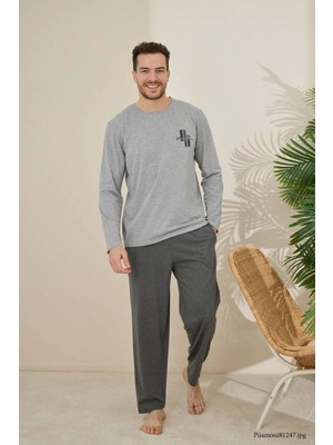 Pijamoni Erkek Bisiklet Yaka Milan Kumaş Gri Pijama Takımı