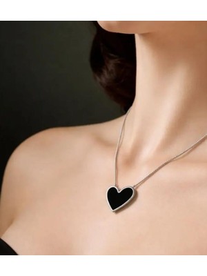 Septemmart Gümüş Renk Siyah Mineli Kalp Figürlü Minimal Kolye