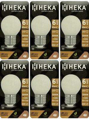 (6 Adet) Heka 6W (48W) 3000K (Sarı Işık) E27 Duylu Soft LED G45 Ampul