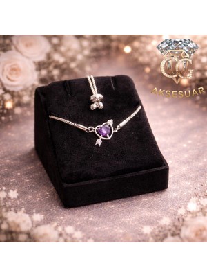 Cg Aksesuar Mor Kalp Taşlı Gümüş Renk Bileklik – Zarif ve Işıltılı Tasarım