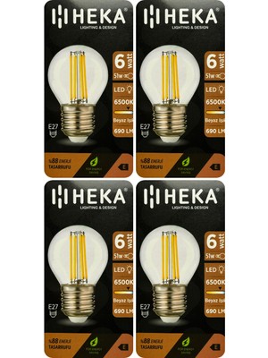 (4 Adet) Heka 6W (51W) 6500K (Beyaz Işık) E27 Duylu Şeffaf LED Ampul