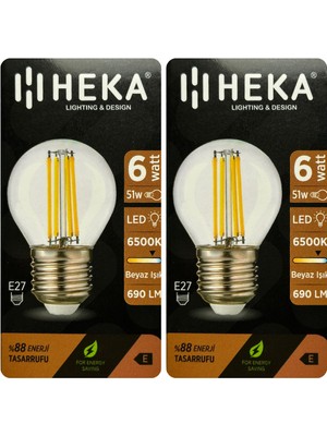 (2 Adet) Heka 6W (51W) 6500K (Beyaz Işık) E27 Duylu Şeffaf LED Ampul