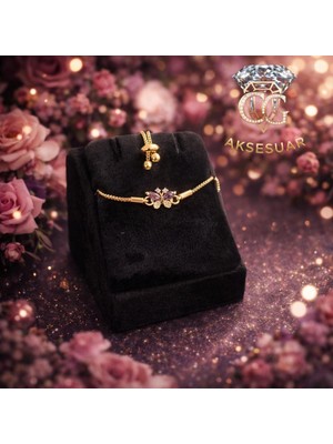 Cg Aksesuar Mor Taşlı Kelebek Figürlü Altın Renk Bileklik – Zarif ve Işıltılı Tasarım