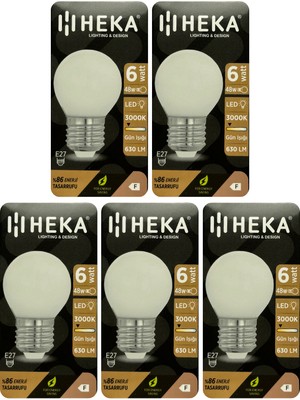 (5 Adet) Heka 6W (48W) 3000K (Sarı Işık) E27 Duylu Soft LED G45 Ampul