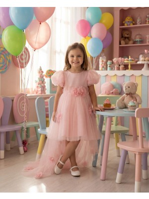 Kız Çocuk Kuyruklu Tüllü Çiçek Detaylı Abiye Elbise Pembe 2-6 Yaş