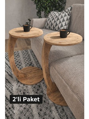 İntergo Ikili Tekerlekli C Sehpa Koltuk Sehpası Yan Sehpa Zigon Sehpa Servis Sehpası - Atlantik Çam