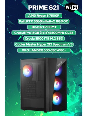 Game Garaj Prime S21 Amd Ryzen 5 7500F 16GB RAM 1TB SSD RTX5060 Freedos Oyuncu OEM Paket