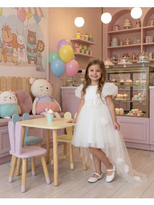 Kız Çocuk Kuyruklu Tüllü Çiçek Detaylı Abiye Elbise Beyaz 2-6 Yaş