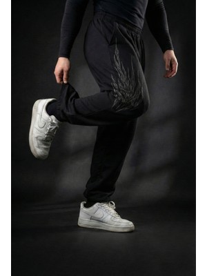 Liber Fire - Erkek Siyah Baskılı Eşofman Altı Lastikli Paça Rahat Kesim Cepli Jogger