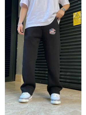 Eydamoon Erkek Kışlık Baggy Pamuk ve Yünlü Nyc New York Baskılı Bol Paça Yan Cepli Eşofman Altı