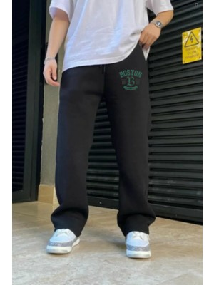 Eydamoon Erkek Kışlık Baggy Pamuk ve Yünlü Boston Baskılı Bol Paça Yan Cepli Eşofman Altı