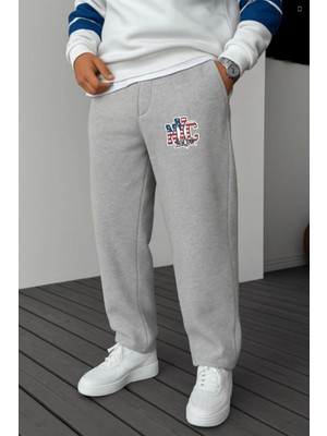 Eydamoon Erkek Kışlık Baggy Pamuk ve Yünlü Nyc New York Baskılı Bol Paça Yan Cepli Eşofman Altı