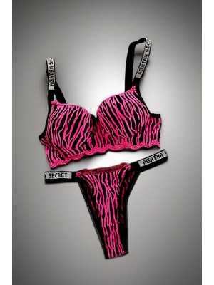 Glanz İç Giyim Taş Askılı Zebra Desenli Ateş Kırmızı-Pembe Dolgulu Sütyen Takımı