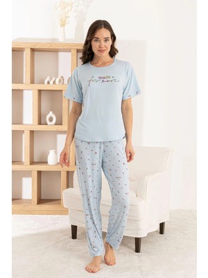 Pijamoni Kadın Milan Kumaş Kiraz Desenli Mavi Pijama Takımı