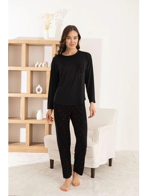 Pijamoni Kadın Milan Kumaş Bisiklet Yaka Kalp Desenli Siyah Pijama Takımı