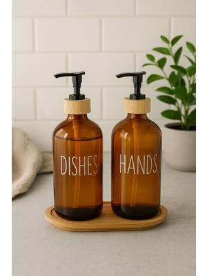 SHN Amber Cam Ikili Sıvı Sabunluk Seti 500 ml Bambu Altlıklı