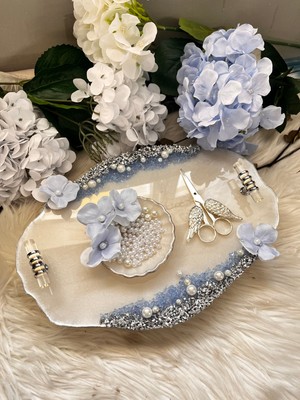 Epoksi Tepsi Mavi Orkideli Nişan Tepsi Seti