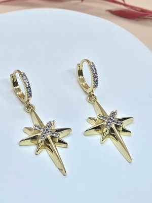 Zirkon Taşlı Gold Yıldız Küpe