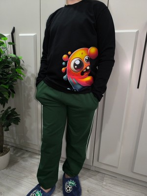 Pidal Giyim Sevimli Canavar Baskılı Pamuklu Uzun Kollu Unisex Çocuk Eşofman Takımı