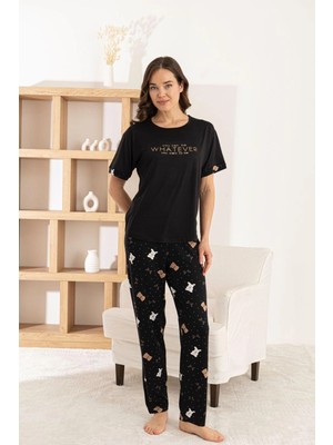 Pijamoni Kadın Milan Kumaş Ayıcık Desenli Siyah Pijama Takımı
