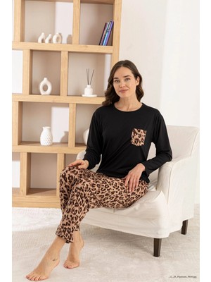 Pijamoni Kadın Milan Kumaş Bisiklet Yaka Leopar Desenli Siyah Pijama Takımı