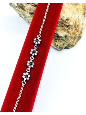 Tesbih Pasajı Papatya Model Zirkon ve Oltu Taşı Işçilikli 925 Ayar Gümüş Bileklik