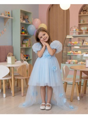 Butik Happy Kids Kız Çocuk Kuyruklu Tüllü Çiçek Detaylı Abiye Elbise Bebe Mavi 2-6 Yaş