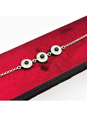 Tesbih Pasajı Yuvarlak Model Zirkon ve Oltu Taşı Işçilikli 925 Ayar Gümüş Bileklik