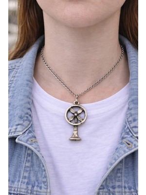 Herşey Nota Vintage Pervane Figürlü Gümüş Renk Unisex Uzun Kolye